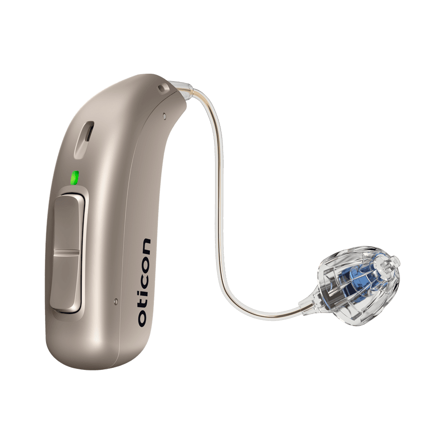 Oticon Intent receiver-in-the-ear hearing aid, champagne finish