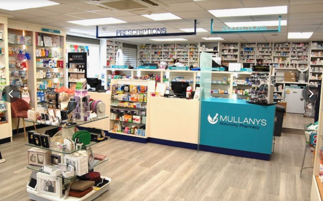 Interior Of Mullanys Pharmacy Mullans Kilminchy Pharmacy interior with prescriptions, collections, gifts, and medications.