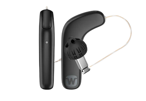 Black hearing aids, including receiver-in-canal (RIC) and behind-the-ear (BTE) models.